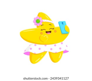 Cartoon kawaii star character takes a selfie. Isolated vector twinkle girl personage wearing skirt and headband, with happy eyes, rosy cheeks and smiling face, snaps a cheerful shots, radiating joy