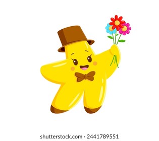 Cartoon kawaii star gentleman character with flowers, vector cute emoji emoticon. Funny twinkle star emoji or kawaii emoticon in gentleman cylinder hat with flowers bunch for love or congratulation