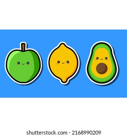 Cartoon kawaii sticker green apple, lemon and avocado. Isolated on a blue background.