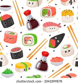 Cartoon kawaii sushi emoji character seamless pattern. Cute japanese food, rice roll with salmon, onigiri, soy sauce. Sashimi vector texture. Asian traditional cuisine with chopsticks