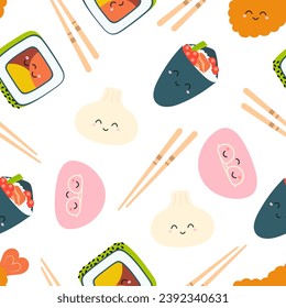 cartoon kawaii sushi seamless pattern, cute japanese food, rice roll with salmon, nigiri, soy sauce, asian traditional cuisine with chopsticks