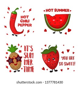 Cartoon kawaii sweet food - card templates with pineapple, chili pepper, strawberry and watermelon, kawaii characters and phrases on white background. Cute fruit and vegetables. Vector flat 