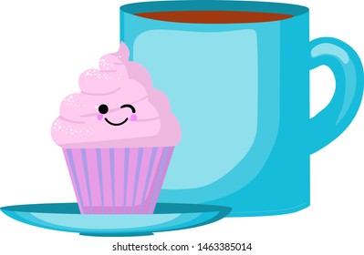 Cartoon kawaii sweet food - card templates with cherry cake or cupcake, porridge with milk, chocolate cookies with tea or coffee on white background. Perfect breakfast, cute characters. Vector flat