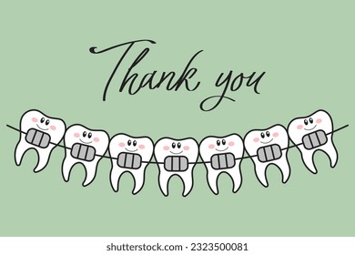 Cartoon kawaii teeth characters with braces and lettering Thank you. Cartoon doodle illustration. Dental care. Logo, icon, vector