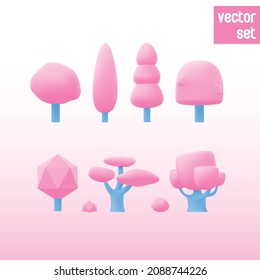 Cartoon kawaii trees vector set. 3D style illustration.