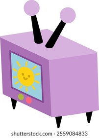 Cartoon kawaii tv set. Cute retro television with antenna showing sun on the screen. Isometric clipart illustration