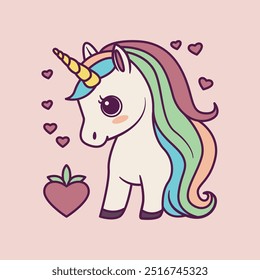 Cartoon Kawaii Unicorn with Pink Hair Icon Illustration
