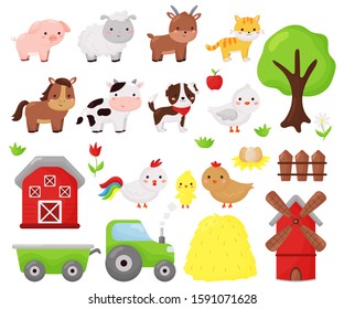 Cartoon kawaii vector set of farm animals: sheep, cow, dog, cat, horse, goat and chicken. Farm objects, barn and windmill. Illustration for kids.