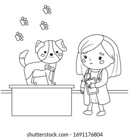 Cartoon kawaii veterinarian and dog with patch bandage. Coloring page for kids. Educational game for preschoolers.