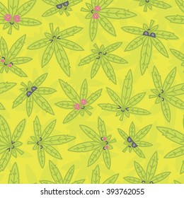 Cartoon kawaii weed seamless vector pattern green
