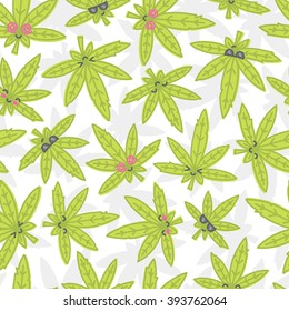 Cartoon kawaii weed seamless vector pattern white