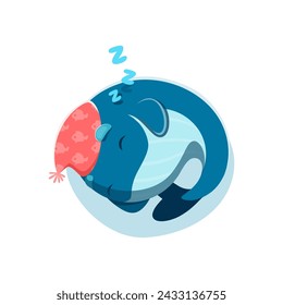 Caricatura kawaii ballena durmiendo personaje. Fauna marina, animal alegre marino o ballena personaje de vector cómico durmiendo o durmiendo en sombrero. Oceanarium acuario feliz mascota o lindo personaje