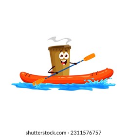 Cartoon kayaking coffee character. Happy paper mug of coffee, cappuccino or latte, vector personage of takeaway hot drink with kayak boat and paddle at river. Extreme water sports and cafe emoji