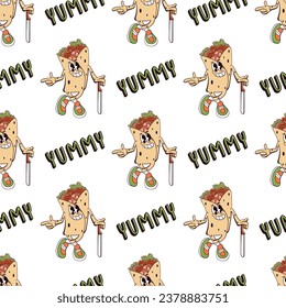 cartoon kebab charater seamless pattern wrapping paper