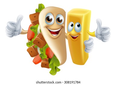 Cartoon kebab and chip French fry mascots arm in arm giving a thumbs up