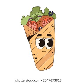 Cartoon kebab wrap icon or vector shawarma roll. Burrito character with face in pop art style. Wrapped tortilla or enchilada. Mexican and turkey street food with meat. Comic personage for menu sign.