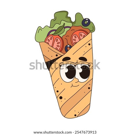 Cartoon kebab wrap icon or vector shawarma roll. Burrito character with face in pop art style. Wrapped tortilla or enchilada. Mexican and turkey street food with meat. Comic personage for menu sign.