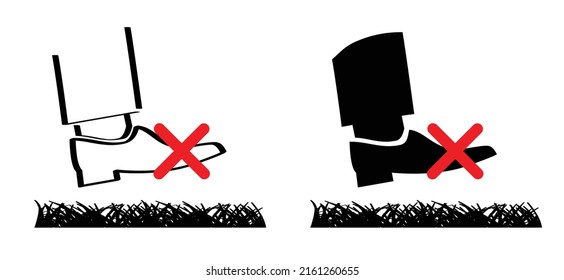 Cartoon, Keep Off The Grass Or Please Stay Off The Grass Sign. Vector Green Lawns Sign Or Pictogram. Do Not Enter Or Entry. No Walking, Stepping On Grass Field. Do Not Steps Or Sports. No Shoe On Gras