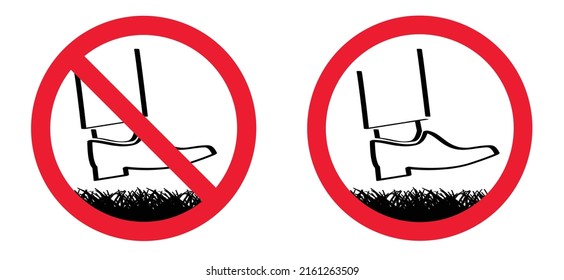 Cartoon, Keep Off The Grass Or Please Stay Off The Grass Sign. Vector Green Lawns Sign, Pictogram. Do Not Enter Or Entry. No Walking, Stepping On Grass Field. Do Not Steps Or Sports. No Shoe On Grass