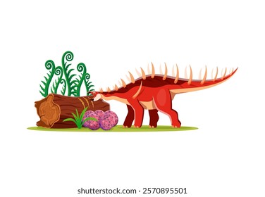 Cartoon Kentrosaurus dinosaur character with eggs. Extinct dinosaur vector personage, paleontology lizard or prehistoric animal happy isolated mascot. Jurassic era Kentrosaurus reptile funny character