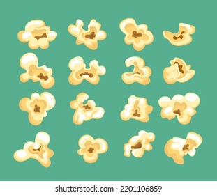 Cartoon Kernels Popcorn. Classic Movie Snack. Kernel Salty Pop Corn, Caramel Sweetcorn, Cinema Snack Food, Set Isolated Single Icons Background, Neat Vector Illustration. Sweet Cooked Corn 