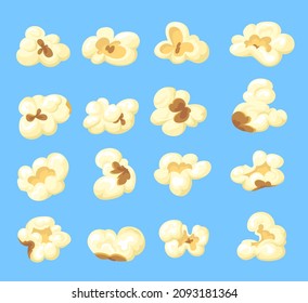 Cartoon Kernels Popcorn. Kernel Salty Pop Corn, Caramel Sweetcorn In Bucket For Movie, Cinema Snack Food, Set Isolated Single Icons Background, Neat Vector Illustration. Popcorn Kernel Delicious