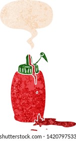 cartoon ketchup bottle with speech bubble in grunge distressed retro textured style