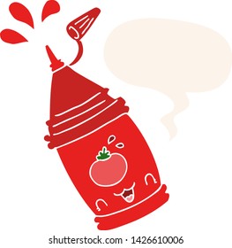 Cartoon-Ketschup-Flasche mit Sprachblase im Retro-Stil