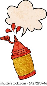 botella de ketchup de dibujos animados con burbuja de habla en estilo de textura retro