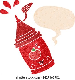 cartoon ketchup bottle with speech bubble in grunge distressed retro textured style