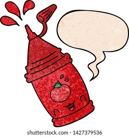botella de ketchup de dibujos animados con burbuja de habla en estilo de textura retro