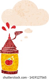 cartoon ketchup bottle with thought bubble in grunge distressed retro textured style