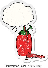 cartoon ketchup bottle with thought bubble as a distressed worn sticker