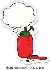 botella de ketchup de dibujos animados con burbuja de pensamiento como pegatina impresa