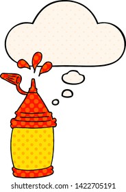 botella de ketchup de dibujos animados con burbuja de pensamientos al estilo de un libro de historietas