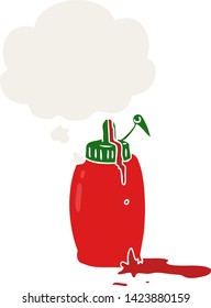 Ketschup-Karikaturflasche mit Gedankenblase im Retro-Stil