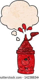 cartoon ketchup bottle with thought bubble in grunge texture style