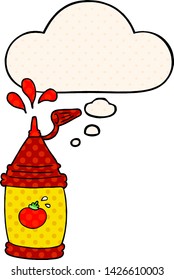 Cartoon-Ketschup-Flasche mit Denkblase im Comicstil