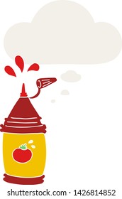 botella de ketchup de dibujos animados con burbuja de pensamiento en estilo retro