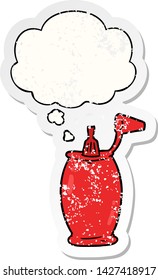 botella de ketchup de dibujos animados con burbuja de pensamiento como pegatina desgastada angustiada