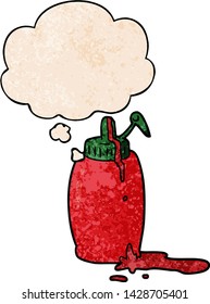 botellas de ketchup de dibujos animados con burbuja de pensamiento al estilo de textura gruesa