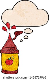 cartoon ketchup bottle with thought bubble in grunge texture style