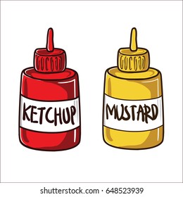 Cartoon Ketchup and Mustard on Bottle Vector Illustration