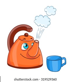 Cartoon Kettle With Boiling Water And A Cup