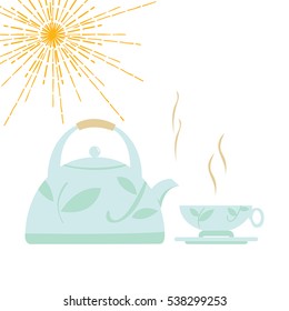 Cartoon kettle with boiling water and a cup. Vector illustration.