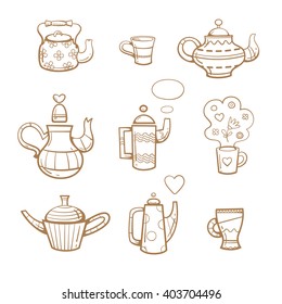 Cartoon kettle  and cups set.  Various dishes. Herb and flower tea. Useful drinks. Vector image. 