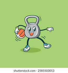 A cartoon kettlebell character joyfully plays basketball showcasing a healthy and active lifestyle.