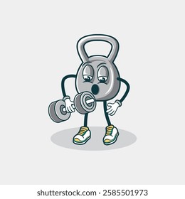 A cartoon kettlebell character is shown lifting a dumbbell, showcasing fitness and strength training.