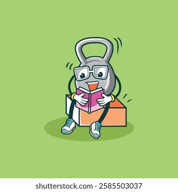 A cartoon kettlebell character sits on a box happily reading a book while wearing glasses.