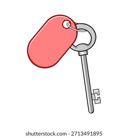 Llave de dibujos animados con etiqueta roja en blanco sobre fondo blanco que simboliza el acceso a la habitación del hotel, la seguridad y la hospitalidad perfecto para viajes, check-in, privacidad de los huéspedes y conceptos de alojamiento